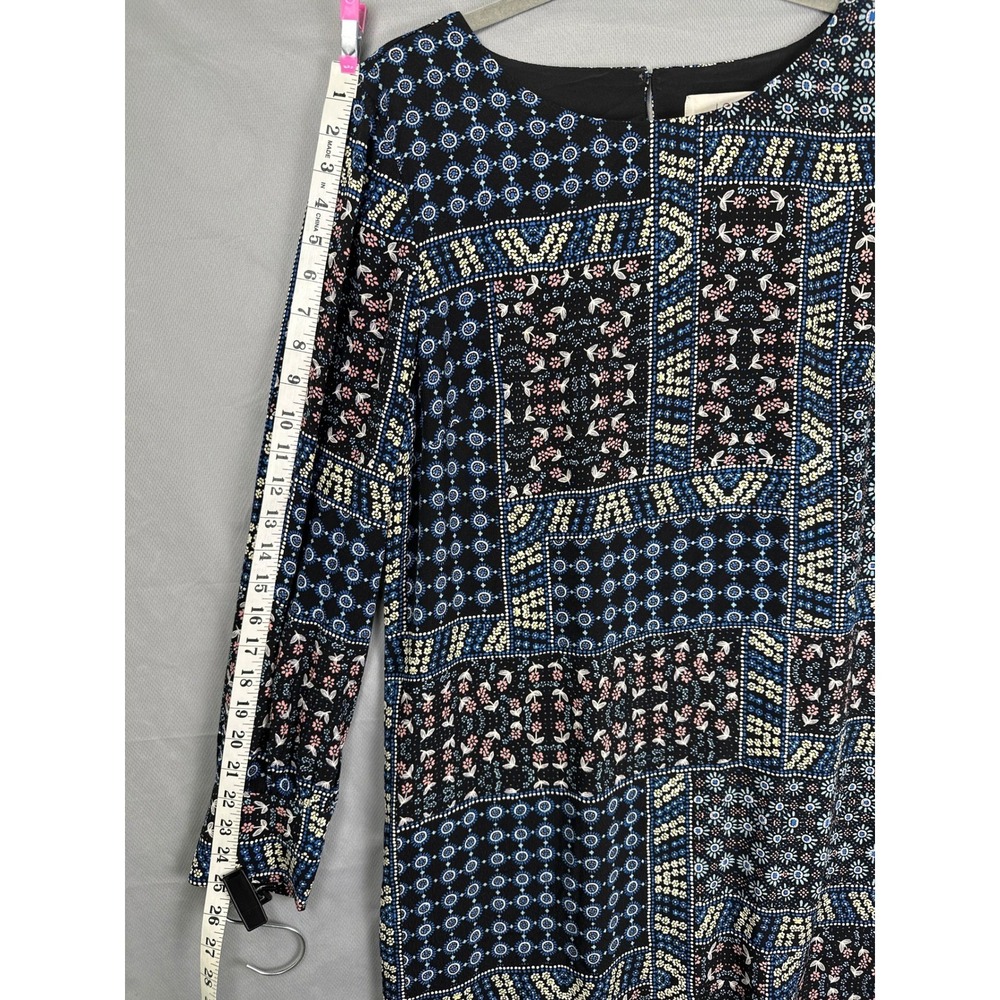 LOFT Patchwork Print Long Sleeve Shift Dress Black Blue Yellow Women's Size 14 - Picture 7 of 8